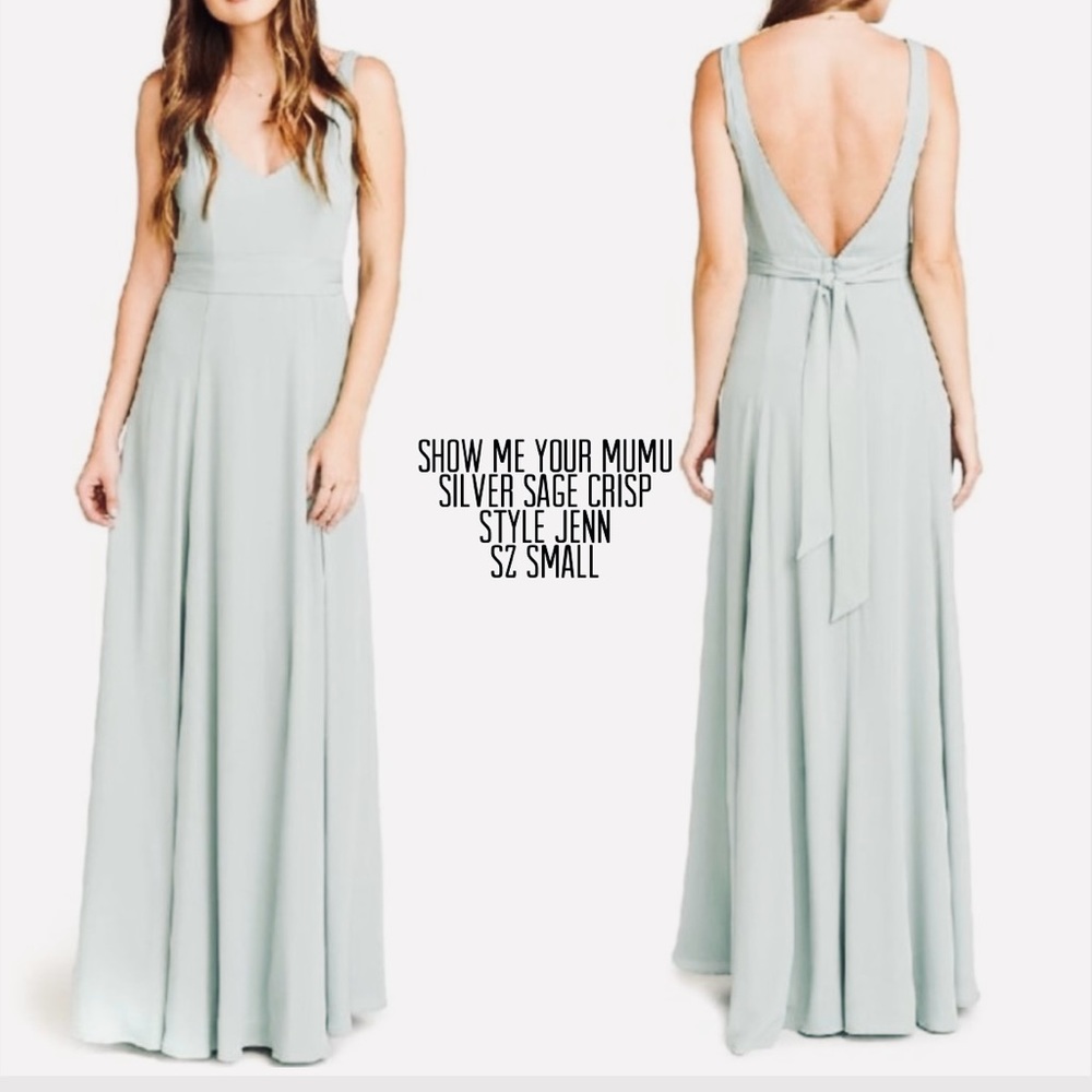Show me your MuMu silver sage bridesmaid maxi dress style Jenn sleeveless Sz S